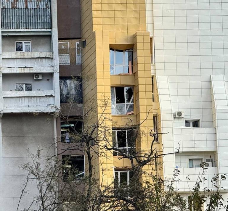 Shattered windows and external damage shown at Mechnikov hospital following attack on Dnipro