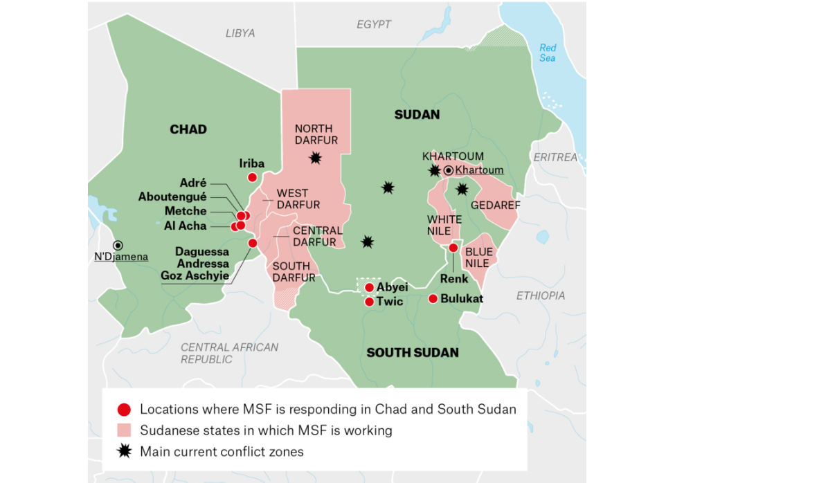 Map of MSF Regional Response in Sudan in July 2024