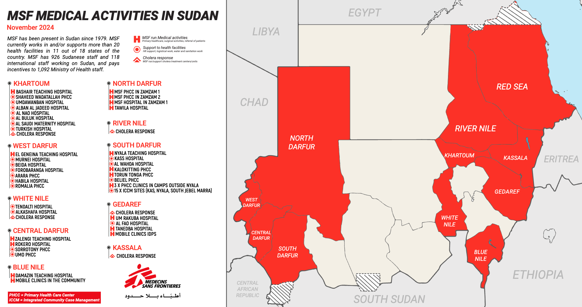 A map of Sudan highlighting MSF's medical activities as of November 2024.